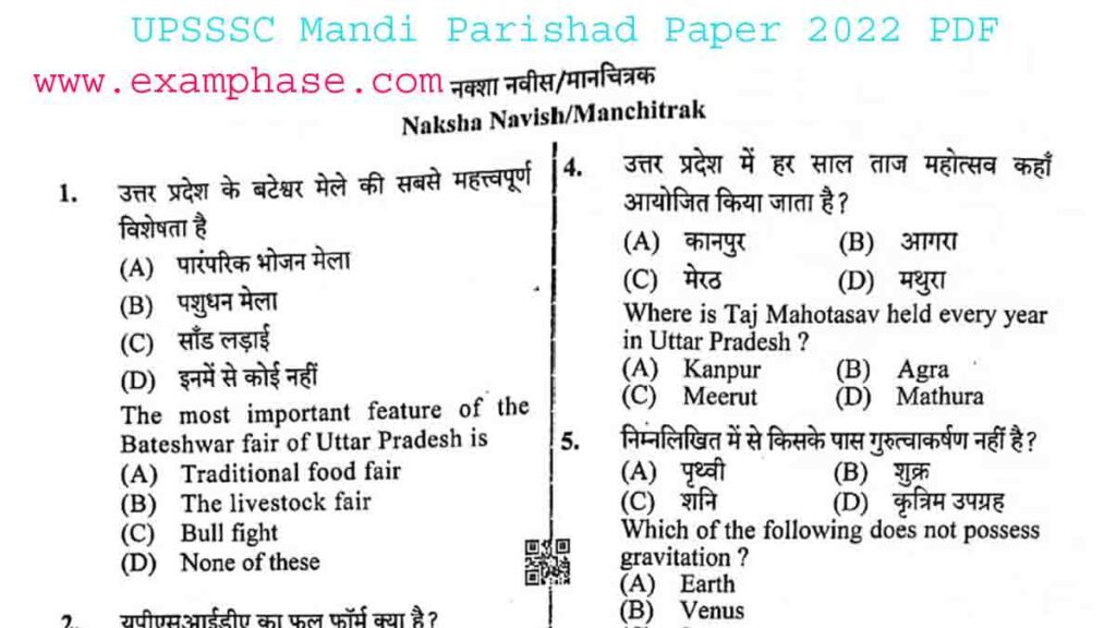 UPSSSC Mandi Parishad Draftsman Question Paper 2022